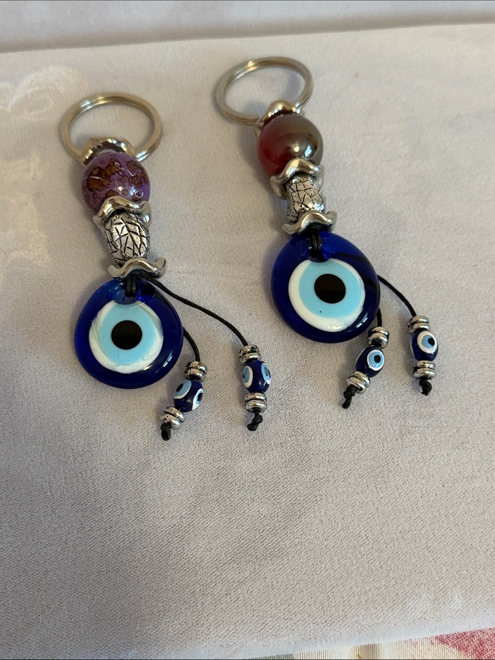 Greek Evil Eye Keychain Pair Blue Glass Beaded Pineapple Bag Charm Nazar